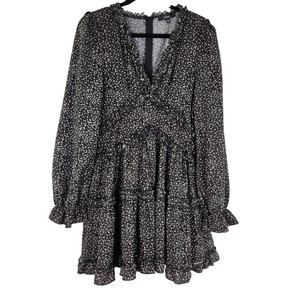 Lulu's Black Floral Mini Dress Peasant Sleeves V-neck Cottage Core Women's Large